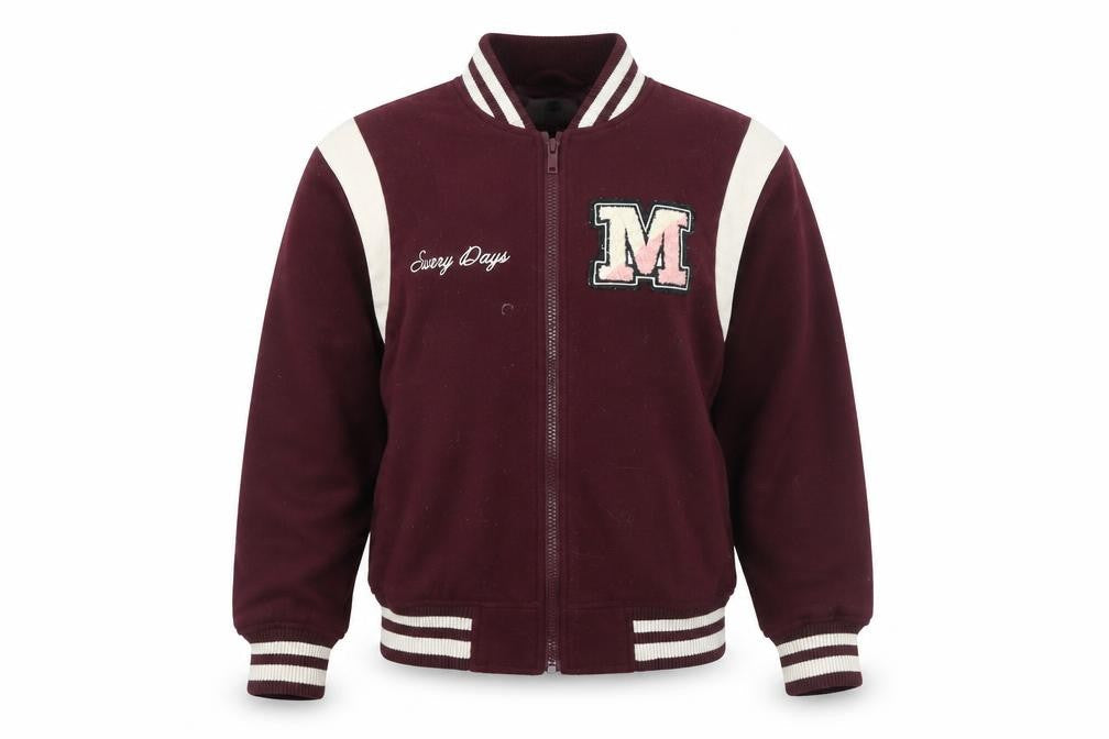 Front view of H&M girls’ burgundy varsity jacket, age 9-10