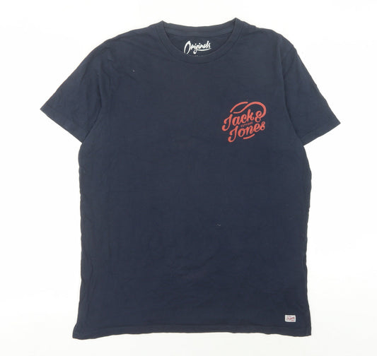 Jack & Jones Men's Blue L T-Shirt, Cotton, Logo, Casual