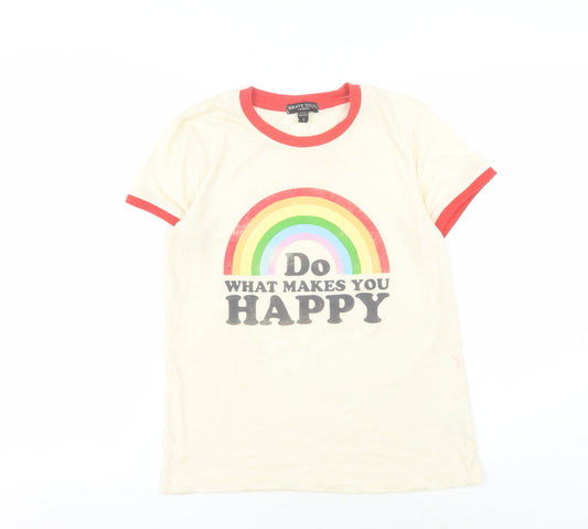 Brave Soul Women's Ivory Rainbow Ringer T-Shirt S