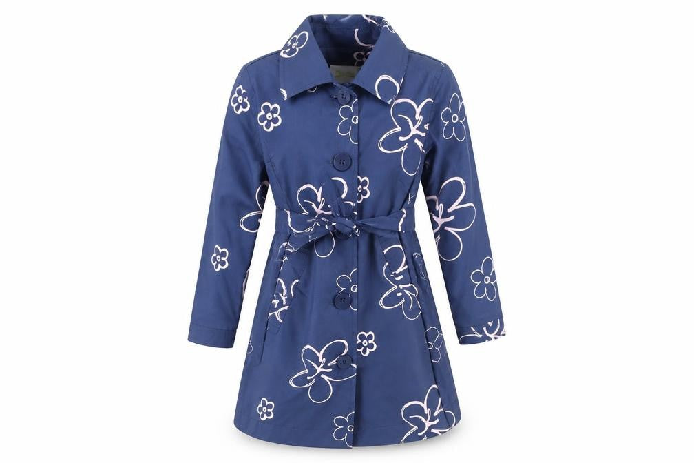 Front view of Joules girls’ blue floral trench coat xs - casual spring wear