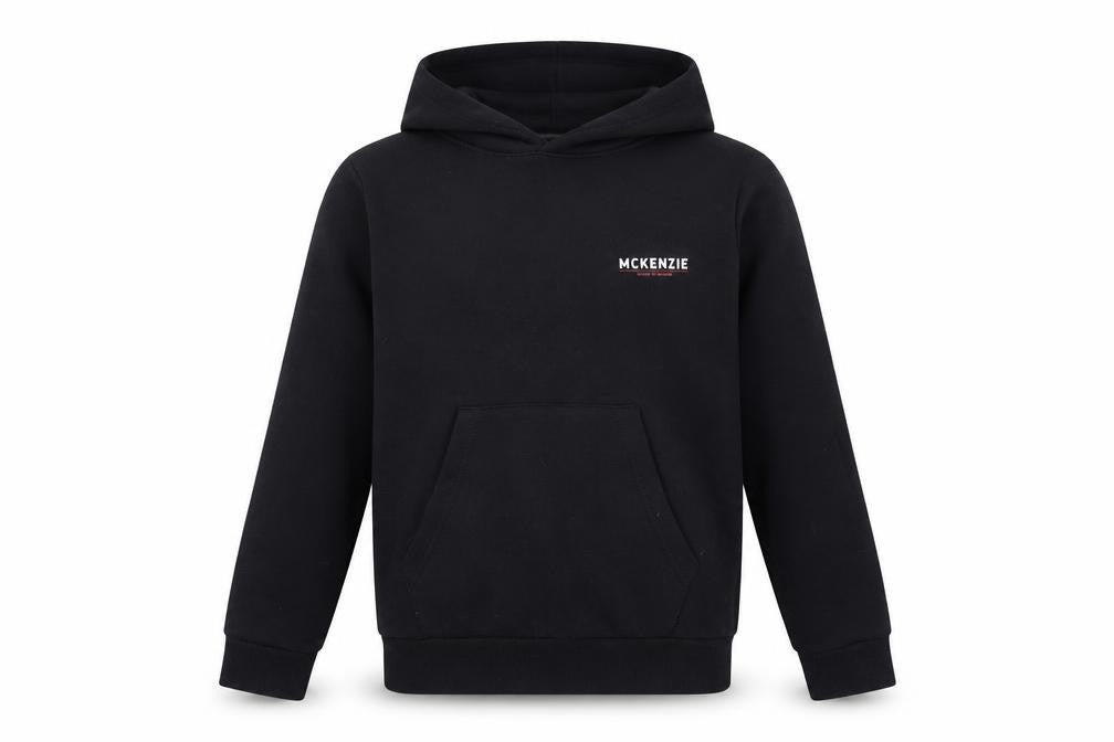Front view of McKenzie boys’ black pullover hoodie, size 8-10, years