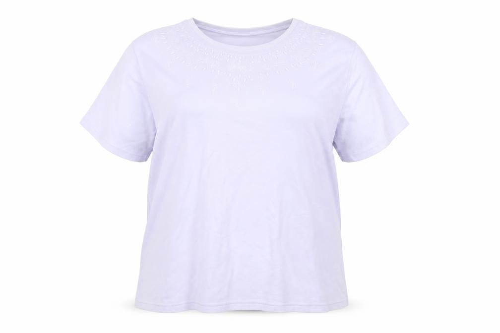 Front view of Honor Millburn Women's Purple Embroidered T-Shirt 22-24
