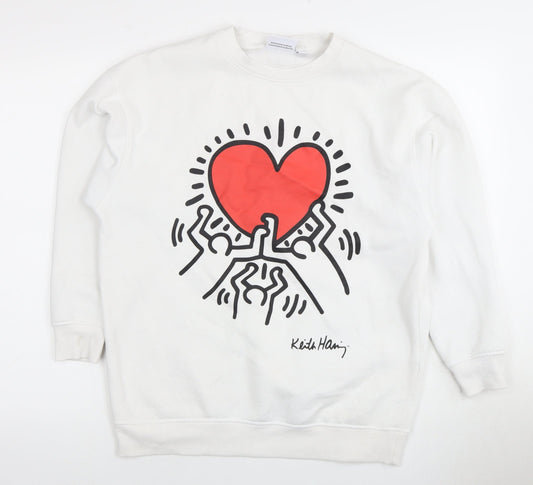 White Pullover Sweatshirt, Unisex 2XS, Graphic Print, Casual