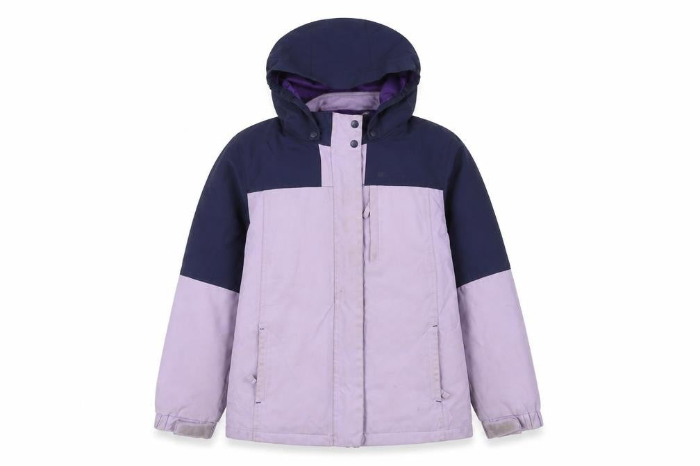 Front view of Mountain Warehouse girls’' purple puffer jacket 9-10 years