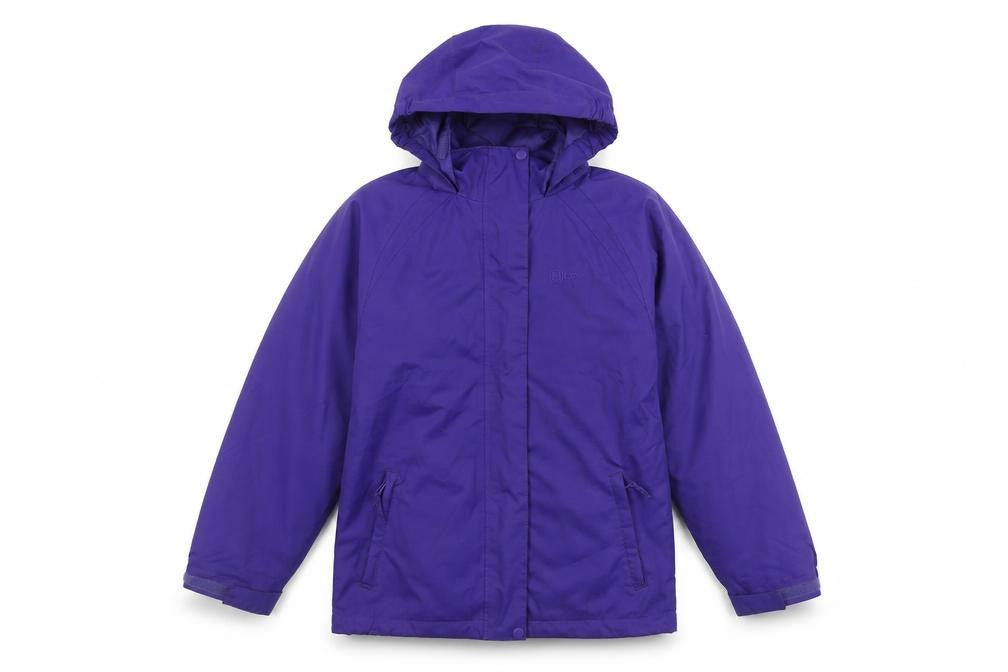 Front view of Higear girls’' purple rain coat, 11-12 years, hooded, lined