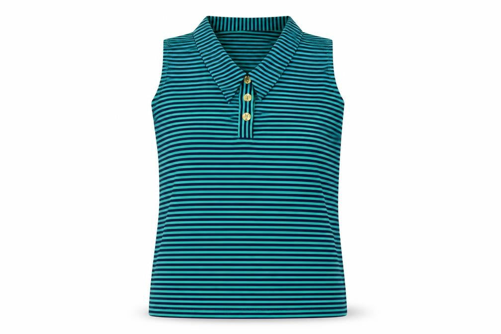 Front view of Kaleidoscope Women's Green Striped Sleeveless Polo Shirt