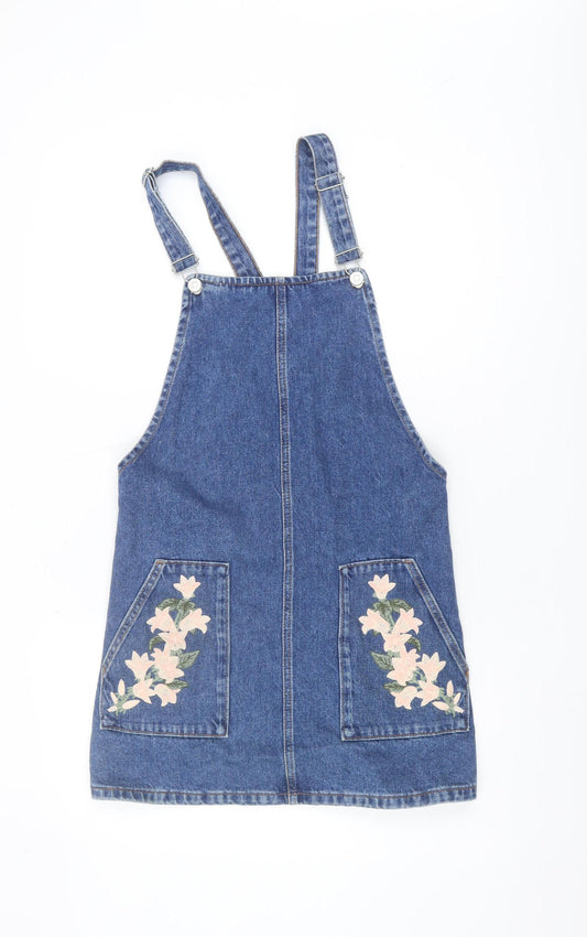 Topshop Women's Blue Denim Floral Pinafore Dress Size 6