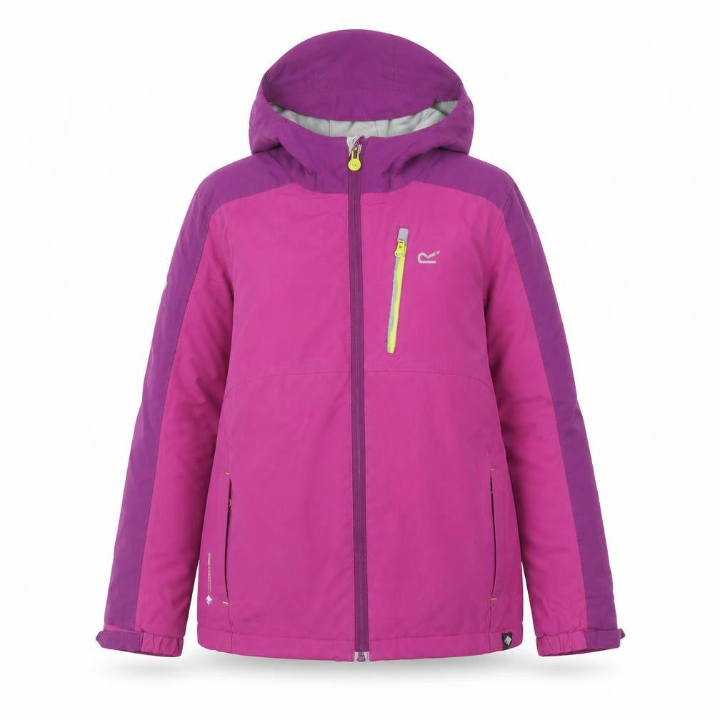Front view of Regatta girls’ purple ski jacket, size 12, hooded winter