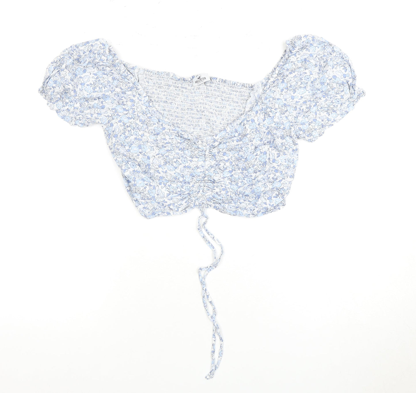 Hollister Women's Blue Floral Cropped Puff Sleeve Top