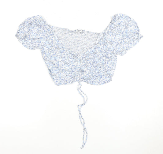 Hollister Women's Blue Floral Cropped Puff Sleeve Top