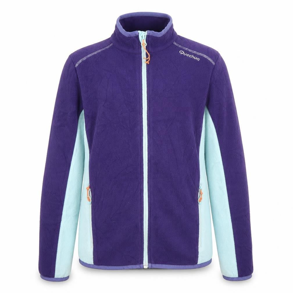 Front view of Quechua girls’ purple blue fleece jacket, size 14, years
