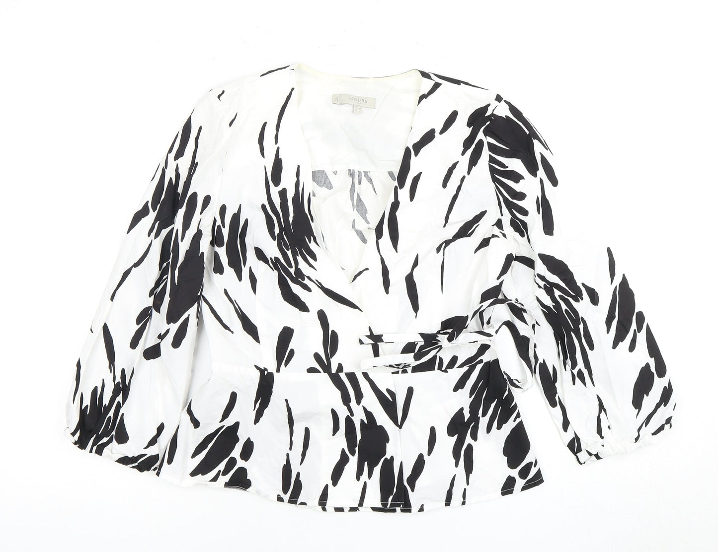 Hobbs Women’s Black & White Animal Print Wrap Blouse, Size 8, Cotton