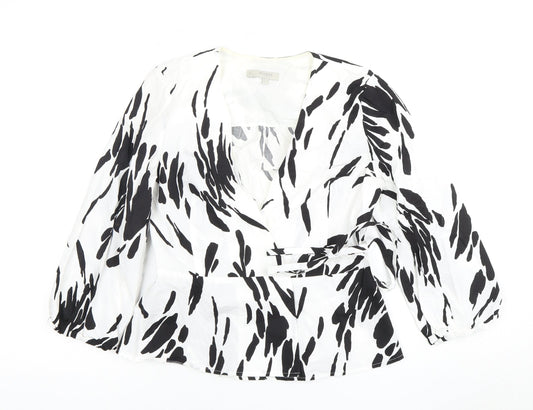 Hobbs Women’s Black & White Animal Print Wrap Blouse, Size 8, Cotton