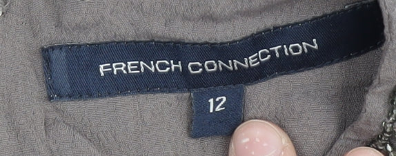 French Connection Women's Grey Silk Embroidered V-Neck Top