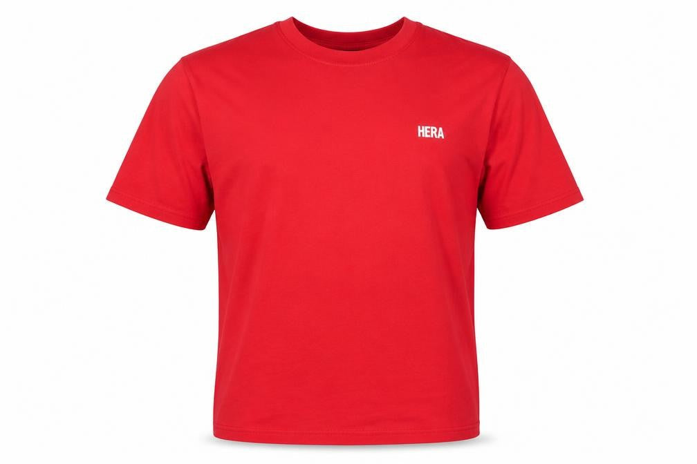 Front view of HERA Men's Red T-Shirt, size S, Casual Short Sleeve
