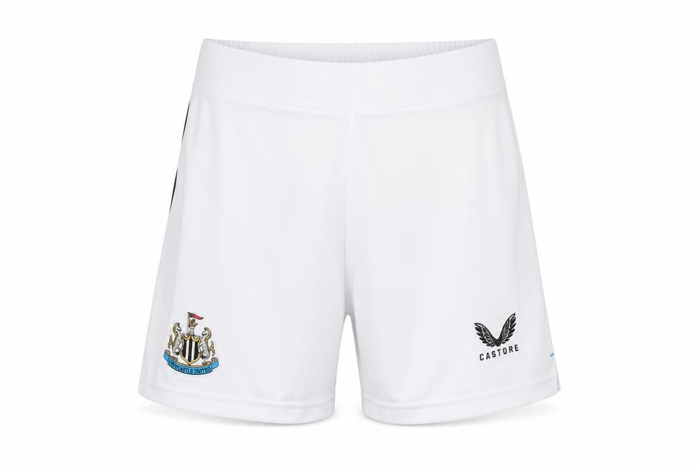 Front view of Castore boys’ white athletic football shorts, age 8-9, very good