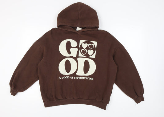 Pull&Bear Unisex Brown Graphic Hoodie M, Casual Style