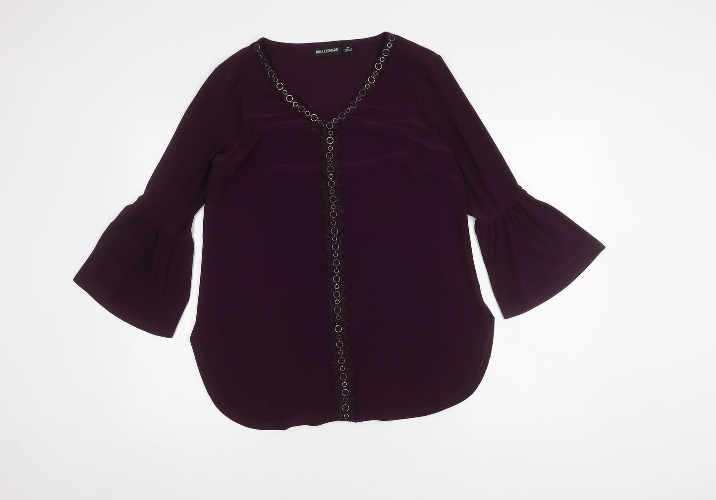 Nina Leonard Women's Purple Blouse Medium Chain V-Neck