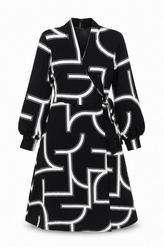 H&M Women's Black Geometric Long Sleeve Dress S