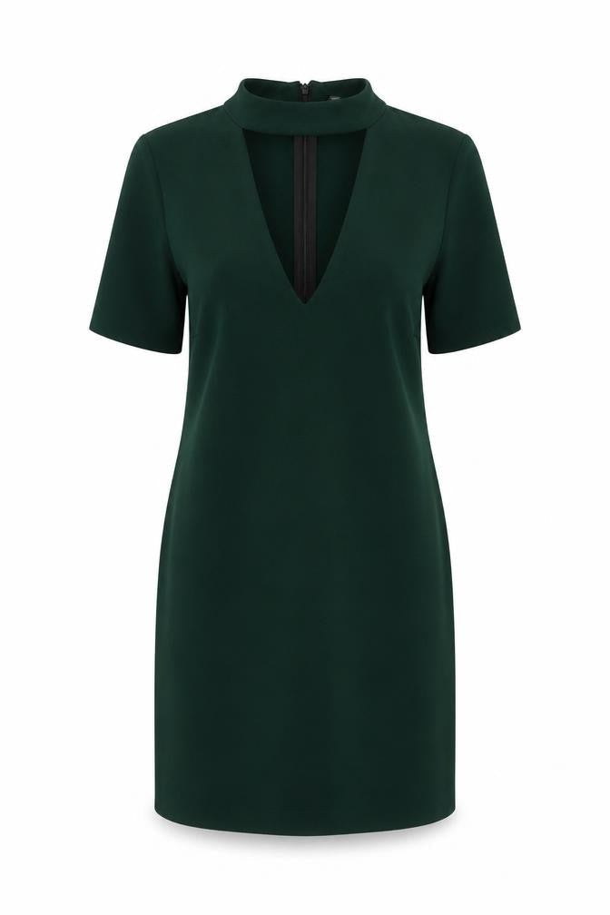 Zara Woman Green Sheath Dress, S, Short Sleeve, V-Neck