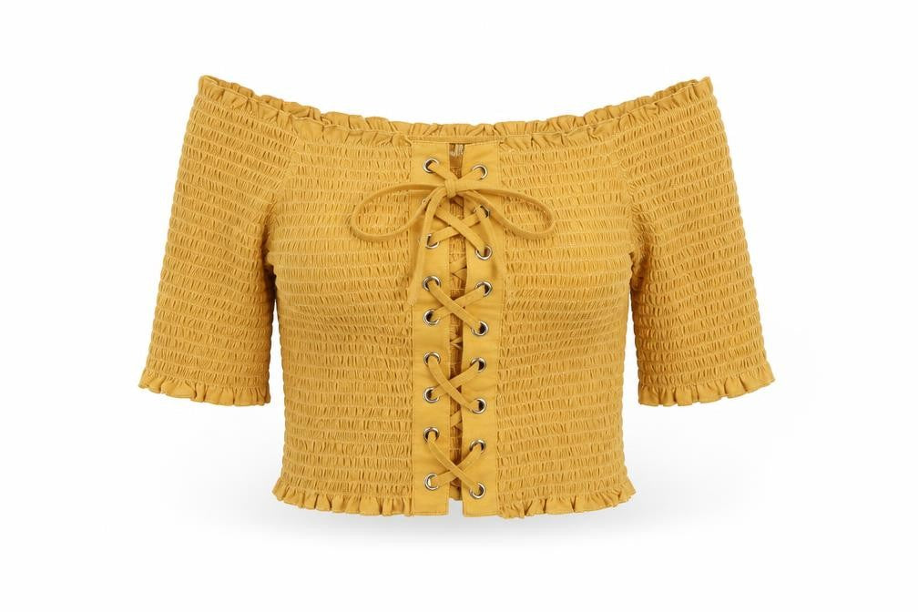 Front view of ASOS Yellow Off Shoulder Lace Up Cropped Blouse
