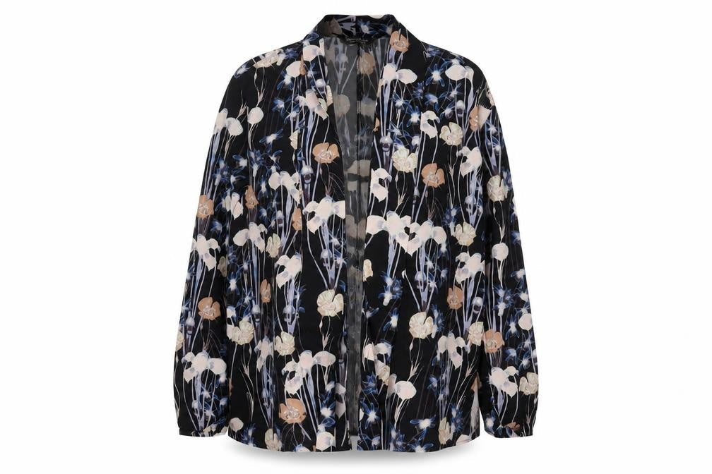 Front view of Miss Selfridge Women's Black Floral Open Front Blouse, size 6
