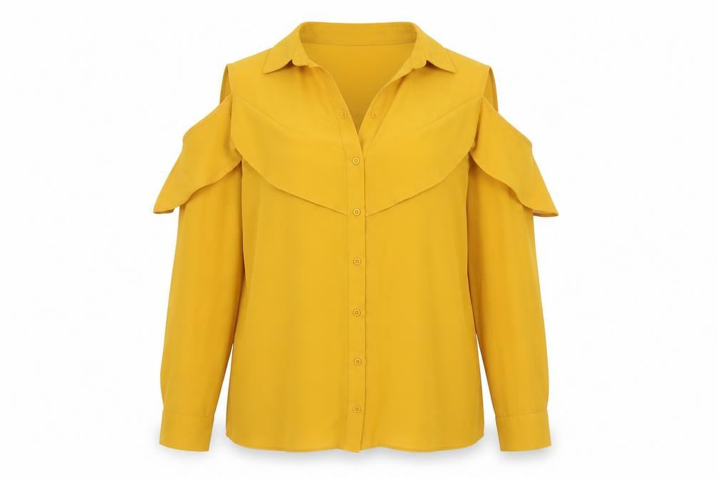 Front view of ASOS Women's Yellow Blouse, size 6, Collared, Cold Shoulder