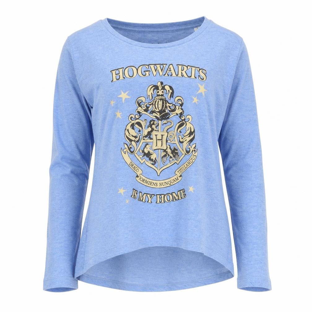 Front view of Harry Potter girls’ blue graphic print long sleeve t-shirt 12 years