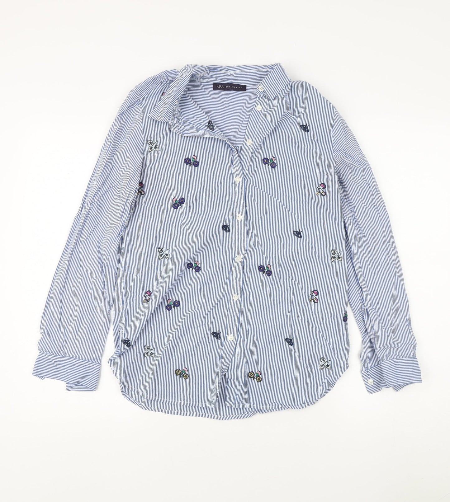 Marks and Spencer Women's Blue Striped Embroidered Button-Up Size 8