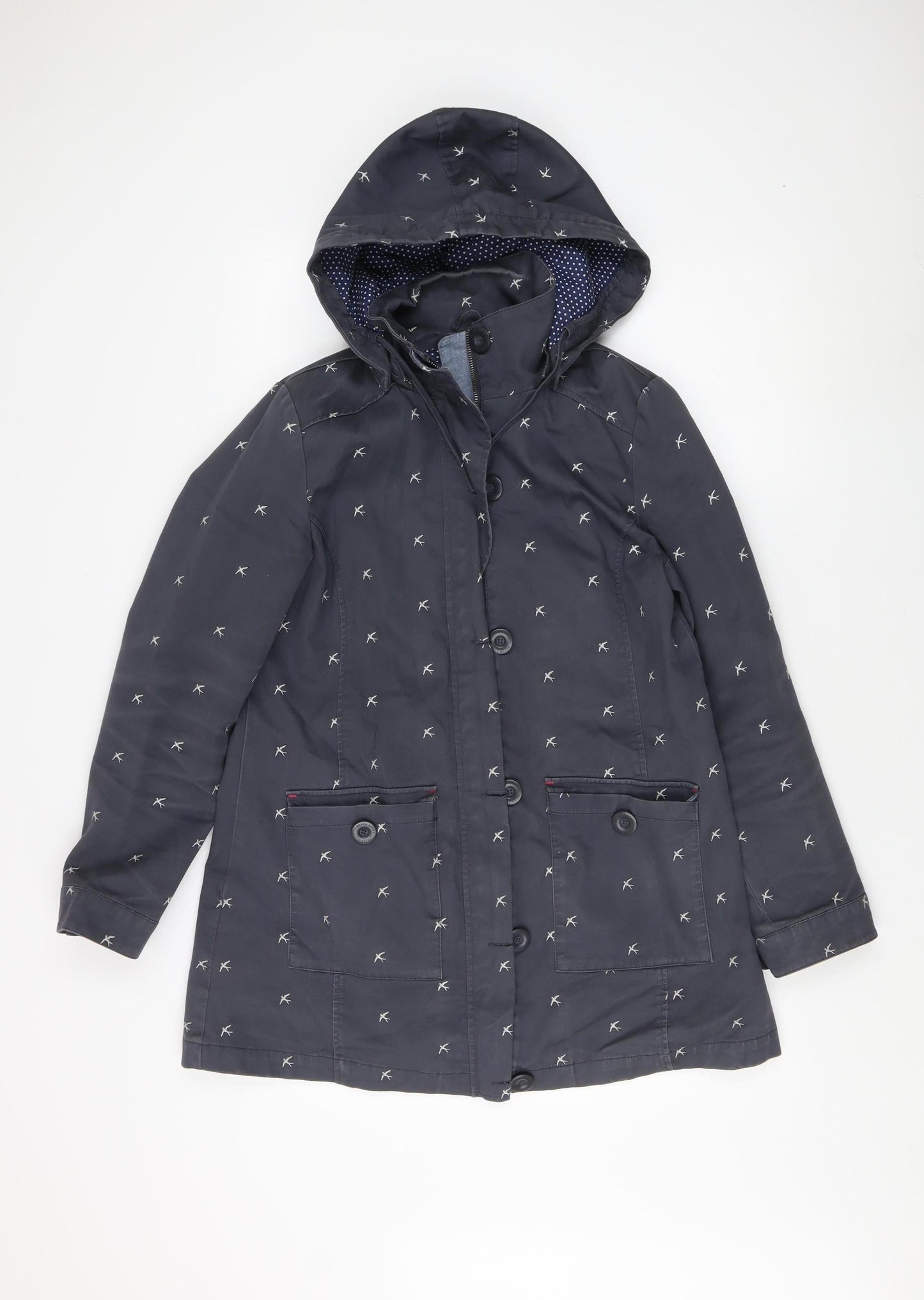 White Stuff Women's Blue Bird Pattern Hooded Coat Size 12