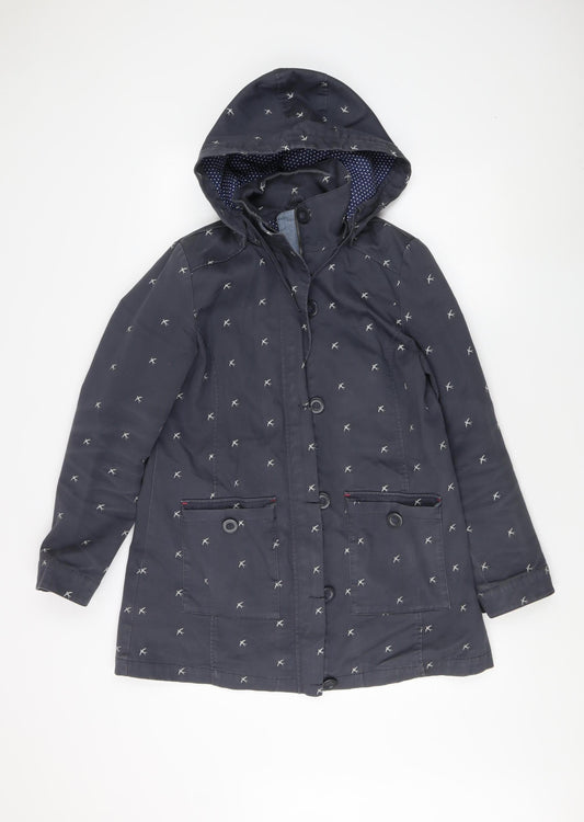 White Stuff Women's Blue Bird Pattern Hooded Coat Size 12