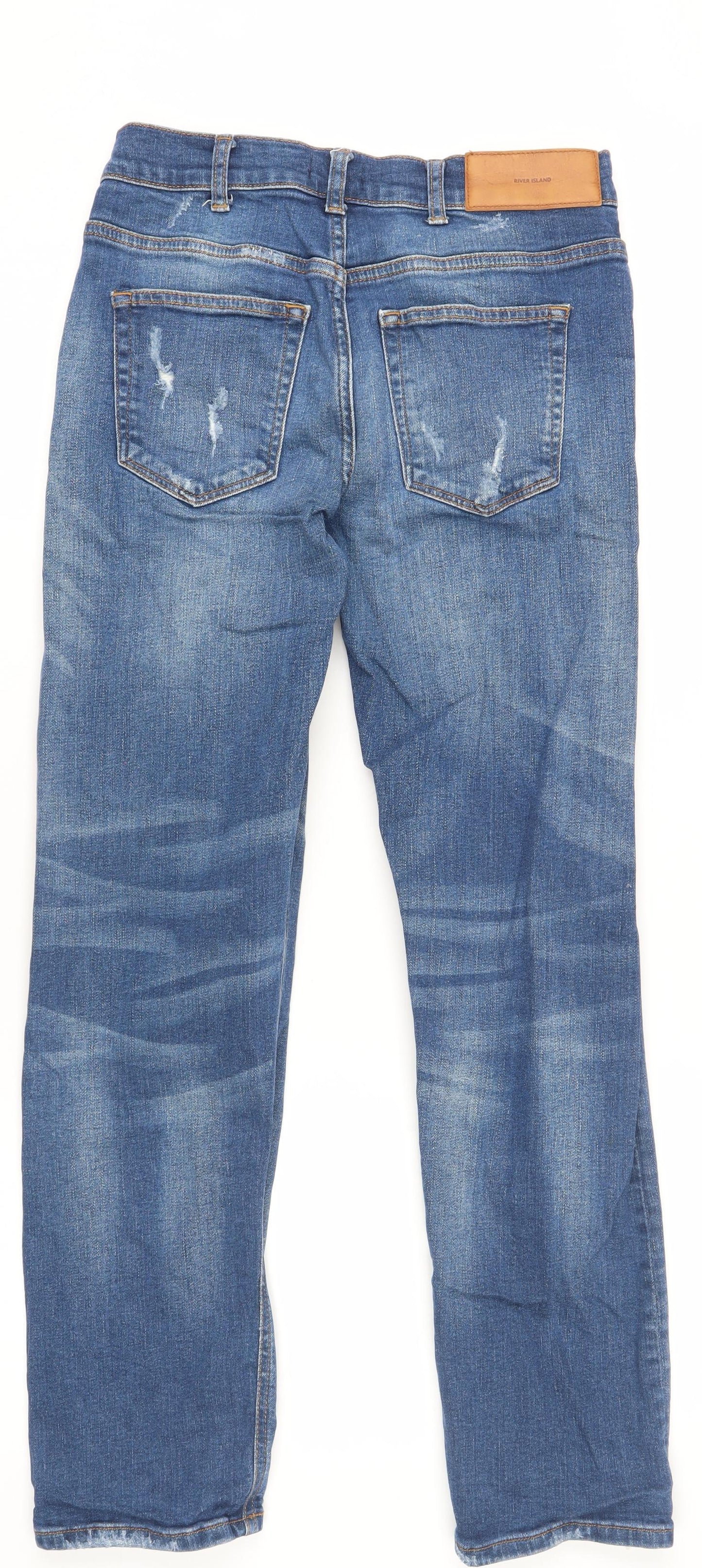River Island Men's Blue Distressed Straight Jeans Size 28