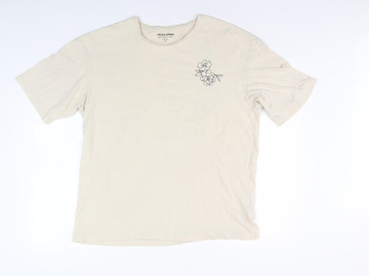 Jack & Jones Men's Beige Floral T-Shirt, Size L, Cotton, Graphic