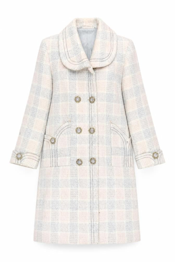 Tian Sheng Women's Beige Check Wool Pea Coat - XL