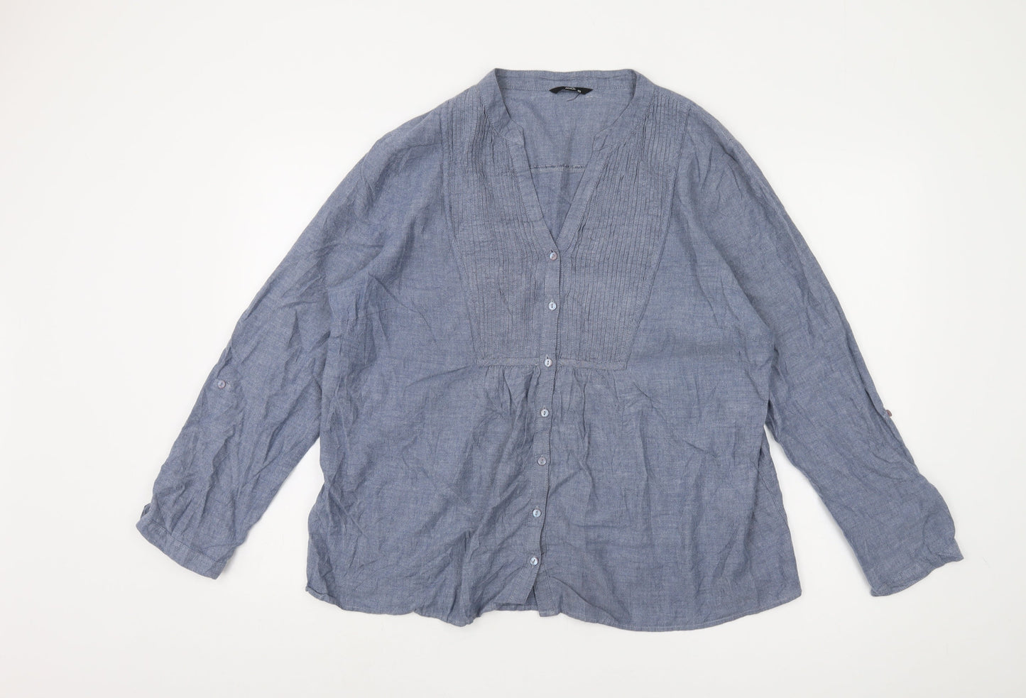 M&Co Women’s Blue V-Neck Long Sleeve Button Top