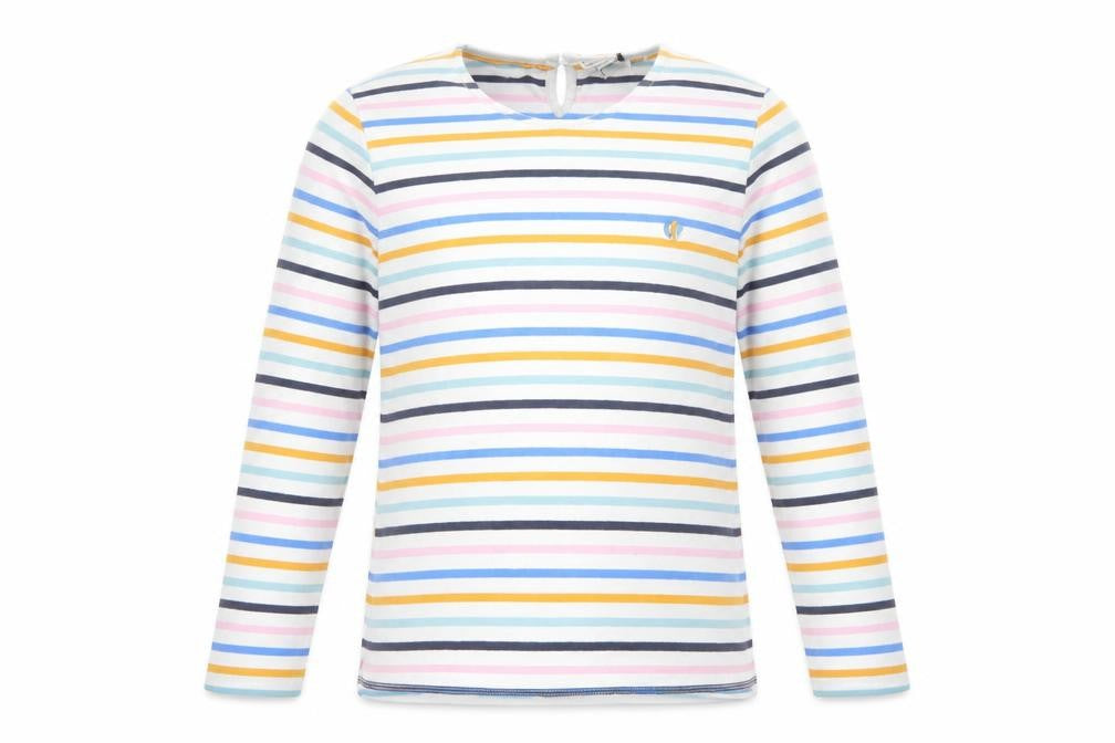 Front view of FatFace girls’ multicoloured striped cotton t-shirt, size 10-11