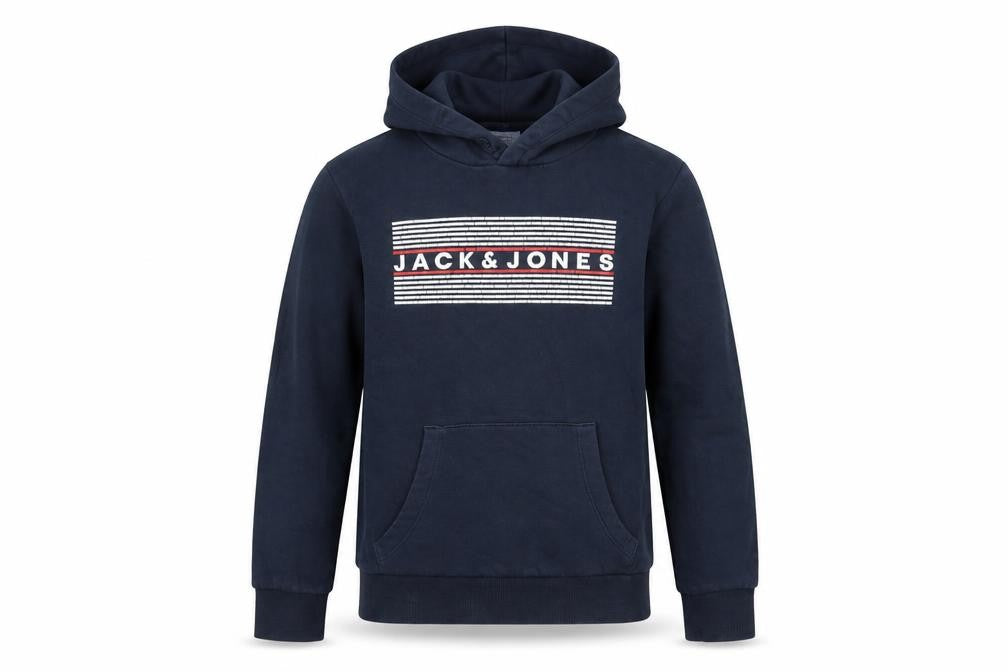 Front view of Jack & Jones boys’ blue pullover hoodie, size 12y