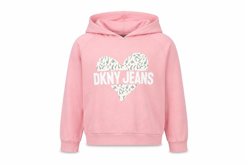 Front view of DKNY girls’ pink pullover hoodie -, size 8-9, years, cotton