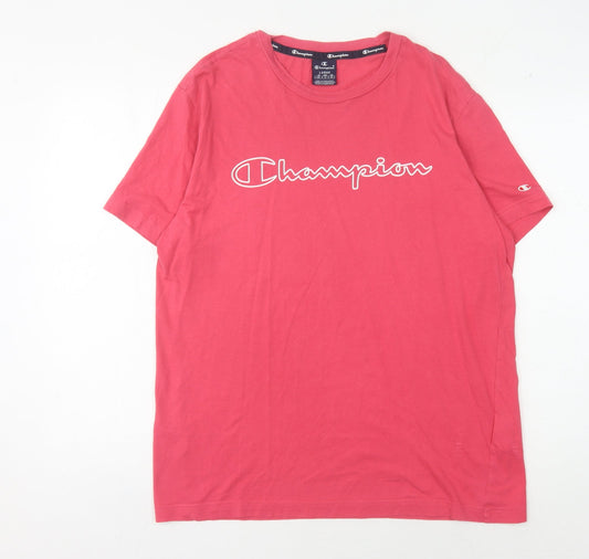 Champion Men's Red Crew Neck T-Shirt, Size L, Logo Accent