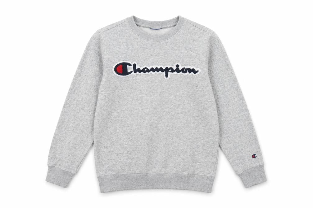 Front view of Champion boys’ grey pullover sweatshirt l logo casual