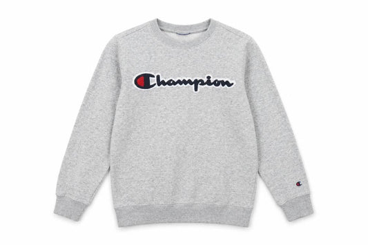 Front view of Champion boys’ grey pullover sweatshirt l logo casual