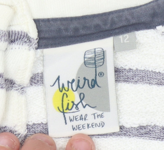 Weird Fish Women's Ivory and Blue Striped Cardigan - Size 12