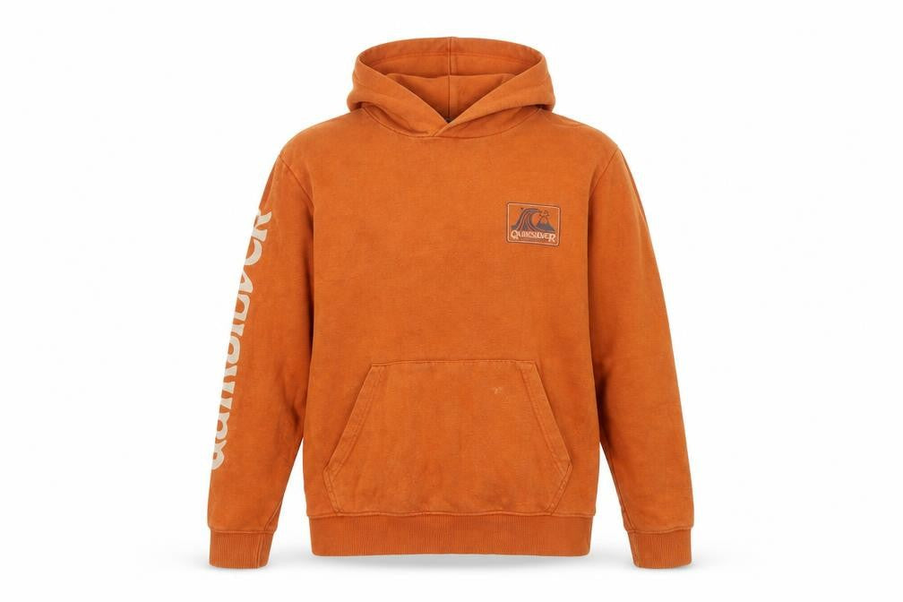Front view of Quiksilver boys’ orange hoodie m pullover logo casual skatewear