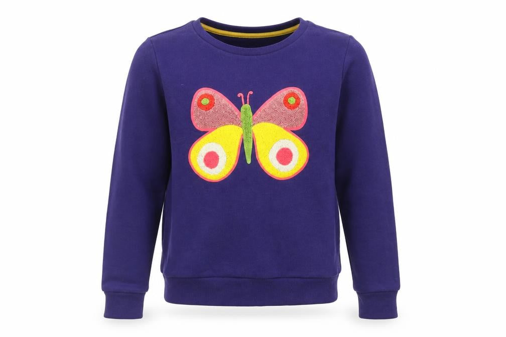 Front view of Mini Boden girls’ blue butterfly pullover sweatshirt 11-12 years