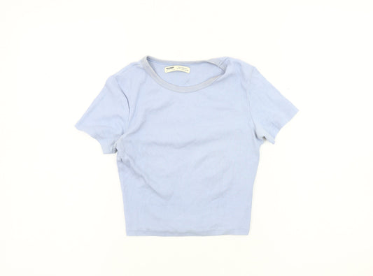 Pull & Bear Women's Blue S T-Shirt, Basic Short Sleeve Jersey