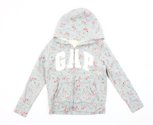 GAP Girls Grey Floral Hoodie Jacket, Size 10 Years Hooded