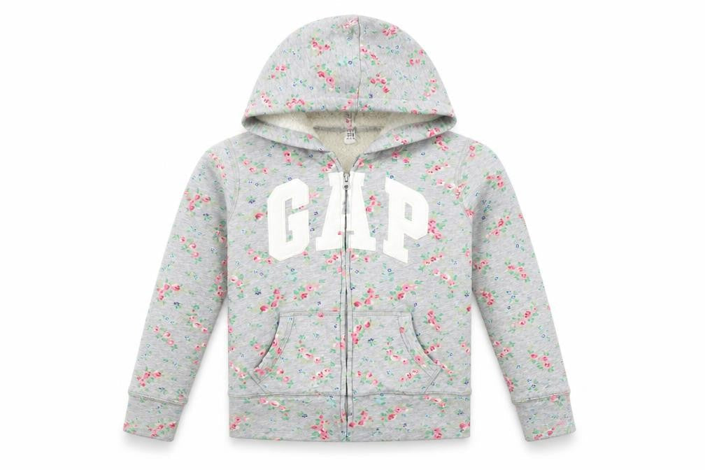 Front view of Gap girls’ grey floral hoodie jacket, size 10, years hooded