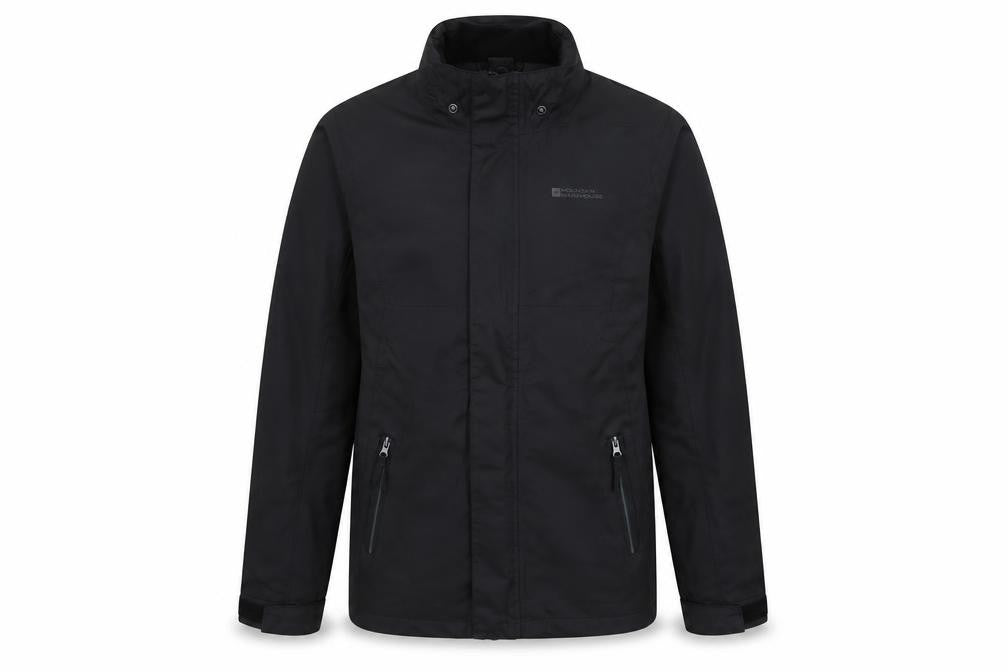 Front view of Mountain Warehouse boys’ black jacket 11-12 yrs waterproof