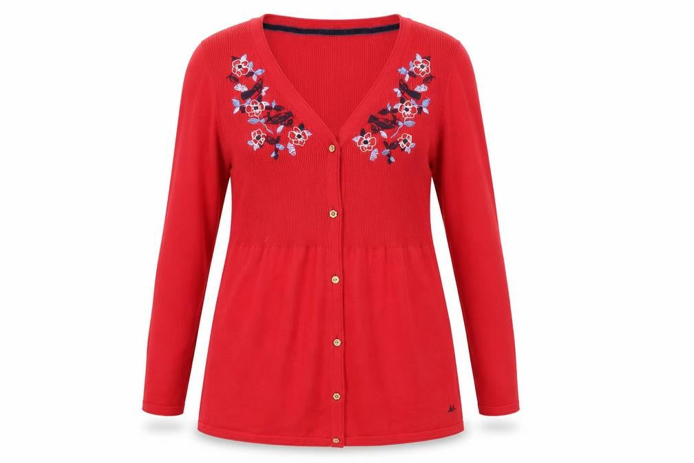 Front view of Mantaray Women's Red Embroidered Cardigan, size 12