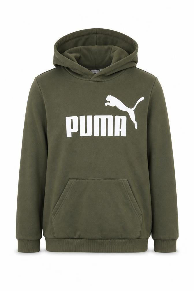 Front view of Puma boys’ green hoodie pullover 13-14 years logo design
